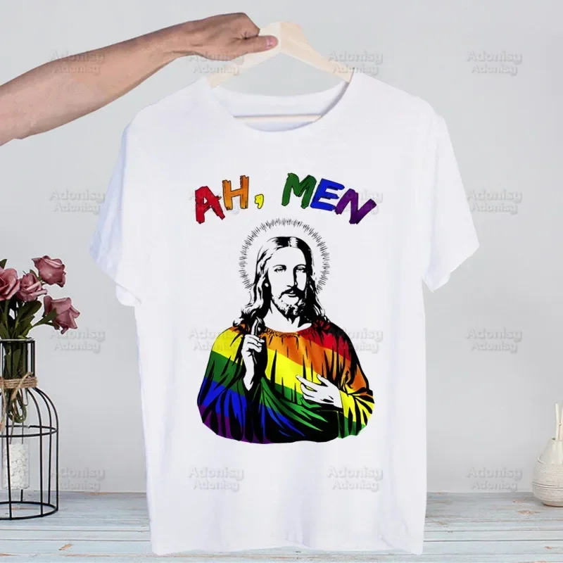 

Jesus Funny LGBT Rainbow Pride T Shirts O-Neck Short Sleeve Regular Mens Height Quality Lesbians Gay Bisexuals Tee Shirt