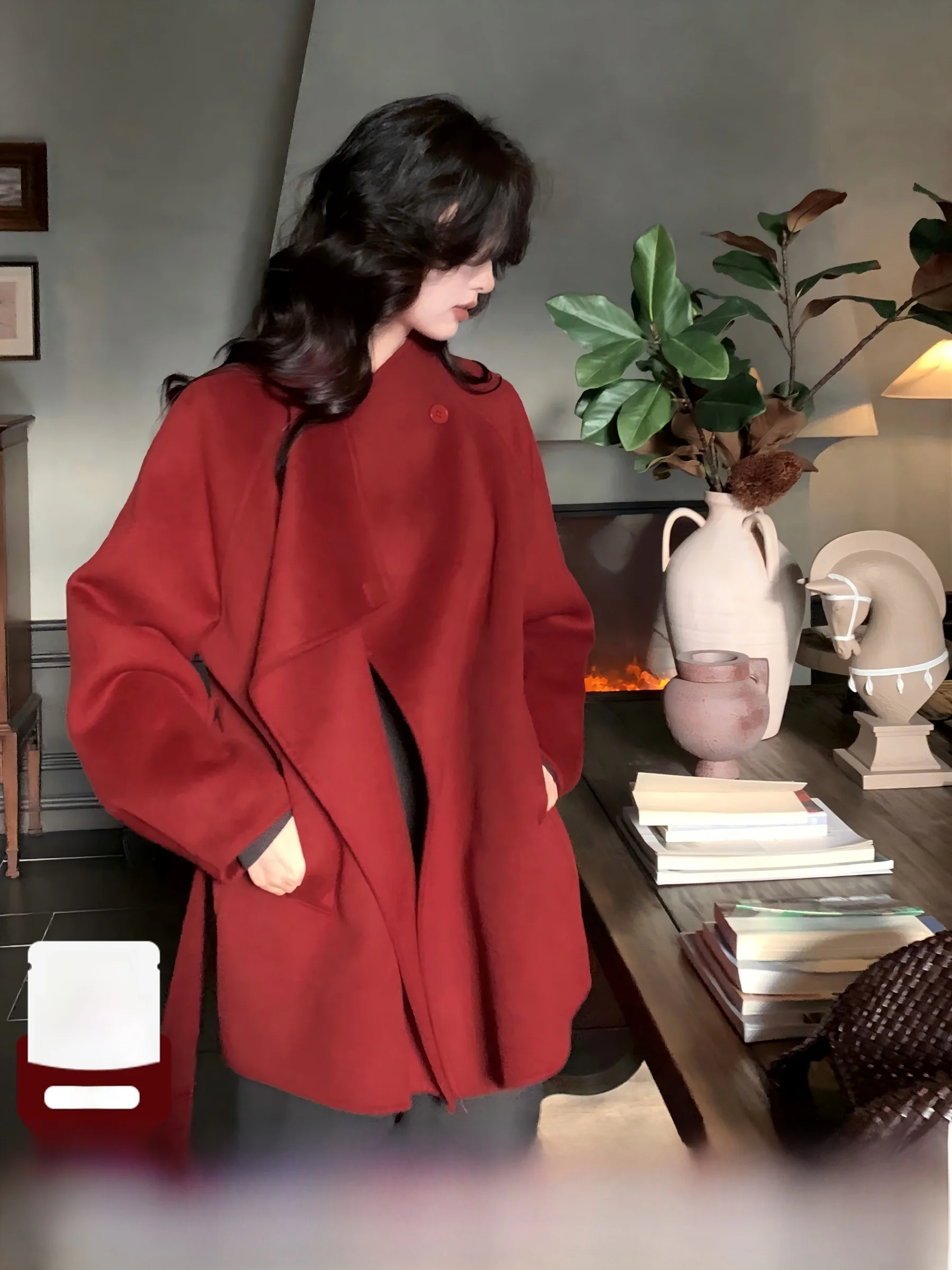 

Warm Double-Sided Woolen Windbreaker Loose Fit Stand Collar Belted SYT Simple Style Outerwear for Women Commuting Daily Wear