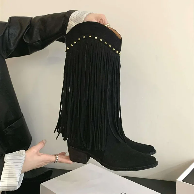 

2023 Designer Tassels Women Cowboy Boots Fashion Pointed Toe Slip On Long Boots Female Elegant Square Heel Women's Knight Bootie