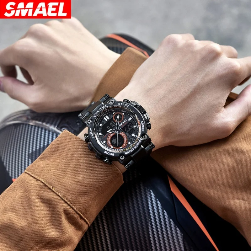 SMAEL 8095 Casual Men's นาฬิกาอิเล็กทรอนิกส์ปฏิทินนาฬิกาปลุกกันน้ําสายสแตนเลสกีฬาแฟชั่นนาฬิกาดิจิตอล