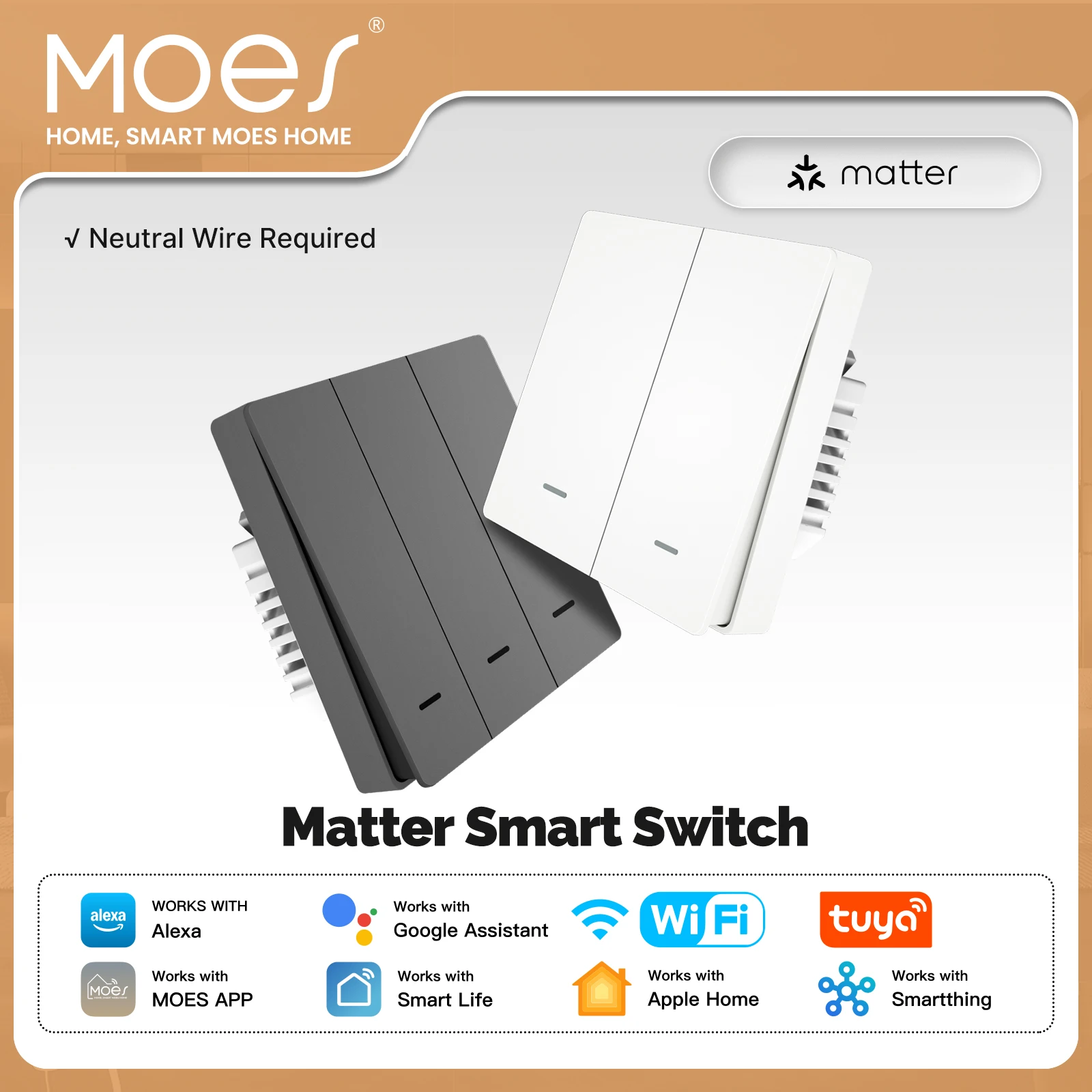 MOES Matter Tuya WiFi Smart Light Button Switch EU Version Remote Control Works with Alexa Google Home Apple HomeKit SmartThings