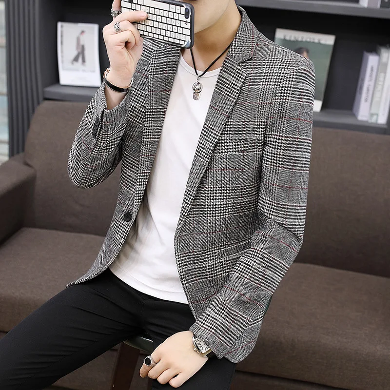 Cardigan Single Button Men Suits Long Sleeve Blazers Plaid Turn Down Collar Blazer Outerwear Slim Fit Pockets Spliced Summer