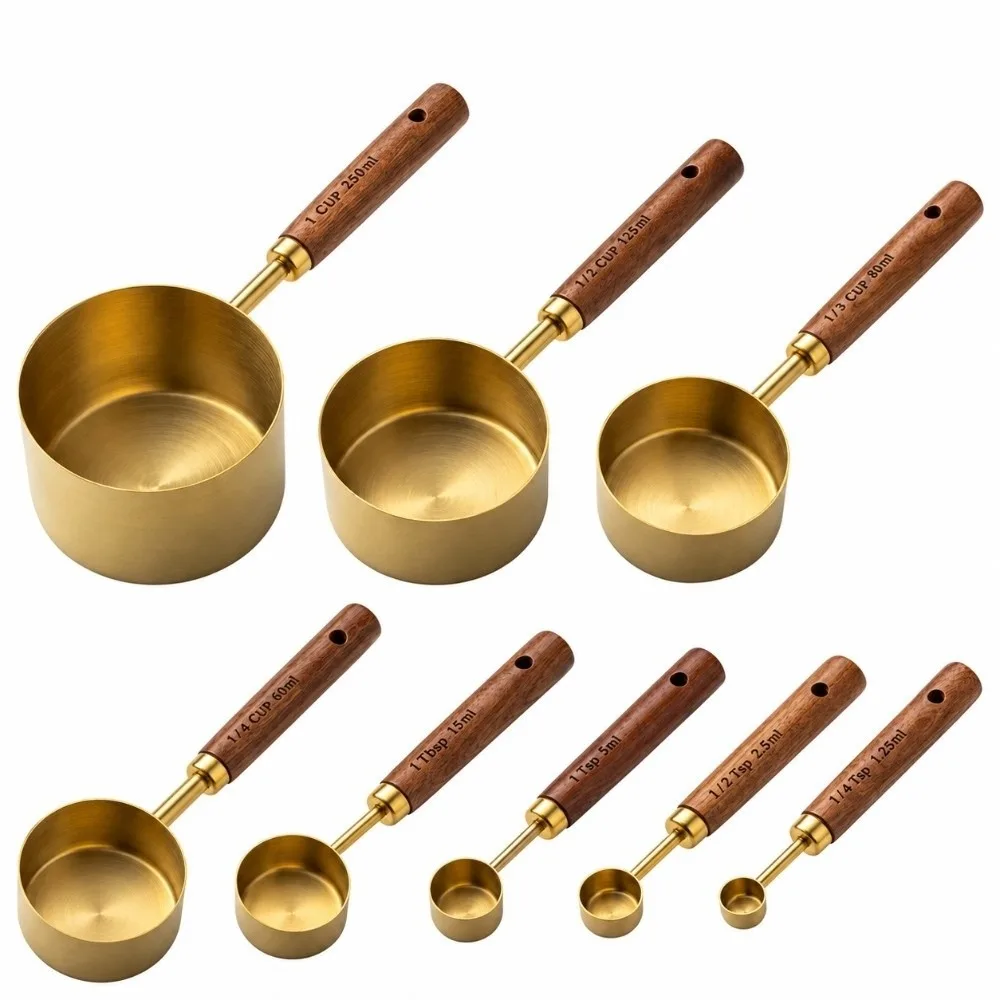 8Pcs Stainless Steel Measuring Cup Set Gold Brown Wooden Handle Measuring Spoon Set Dry & Liquid Measuring Stackable Design