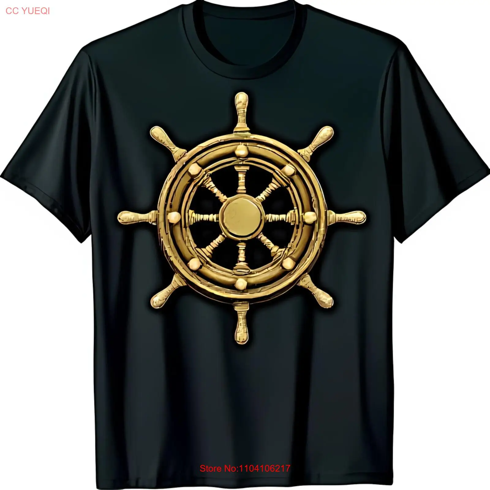 

Stylish Black T-Shirt with Gold Ship Wheel Graphic Design for Lovers