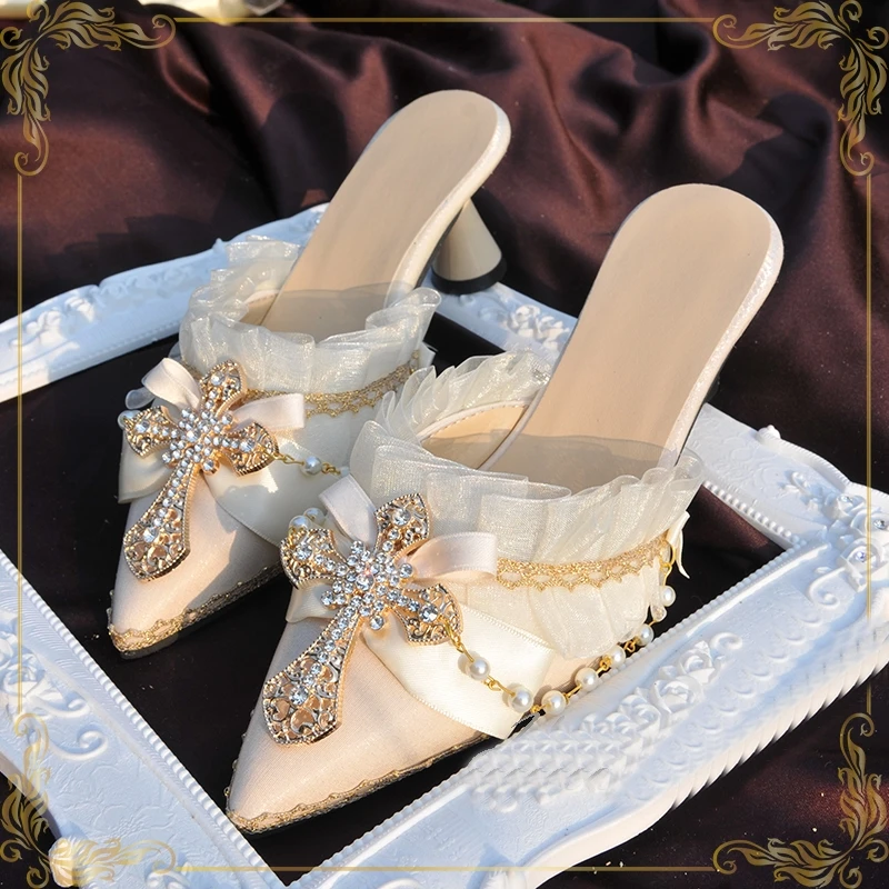 

Crucifixion Embellished Satin Mules Pointed Toe Pleated Lace Slingback Pearls White Gold Women's Summer Spring Outside Shoes