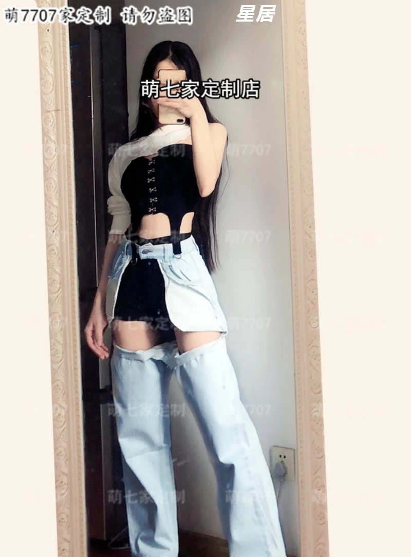 Kpop Korean Singer Dance Clothes Women Jazz Dance Crop Tops Jeans Black Vest Sexy Singer Street Dance Performance Stage Costume