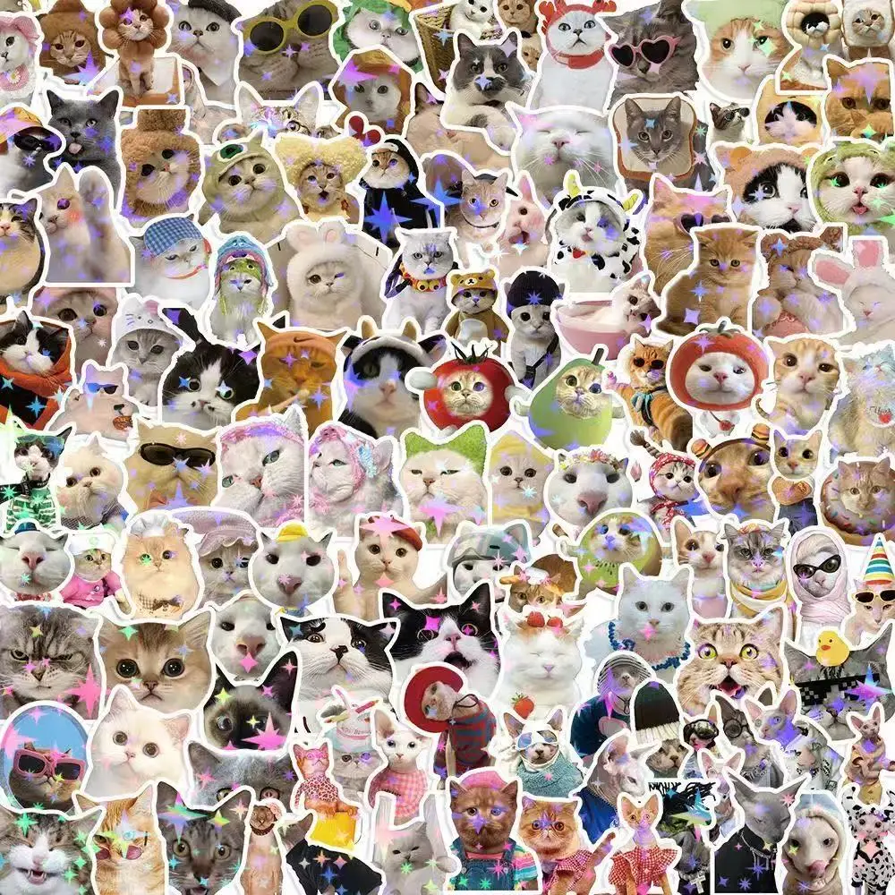 10/50/100/200 Sheets Realistic Cat Stickers Holographic Star Film Cute Kitten DIY Journal Decor Pretty Decals