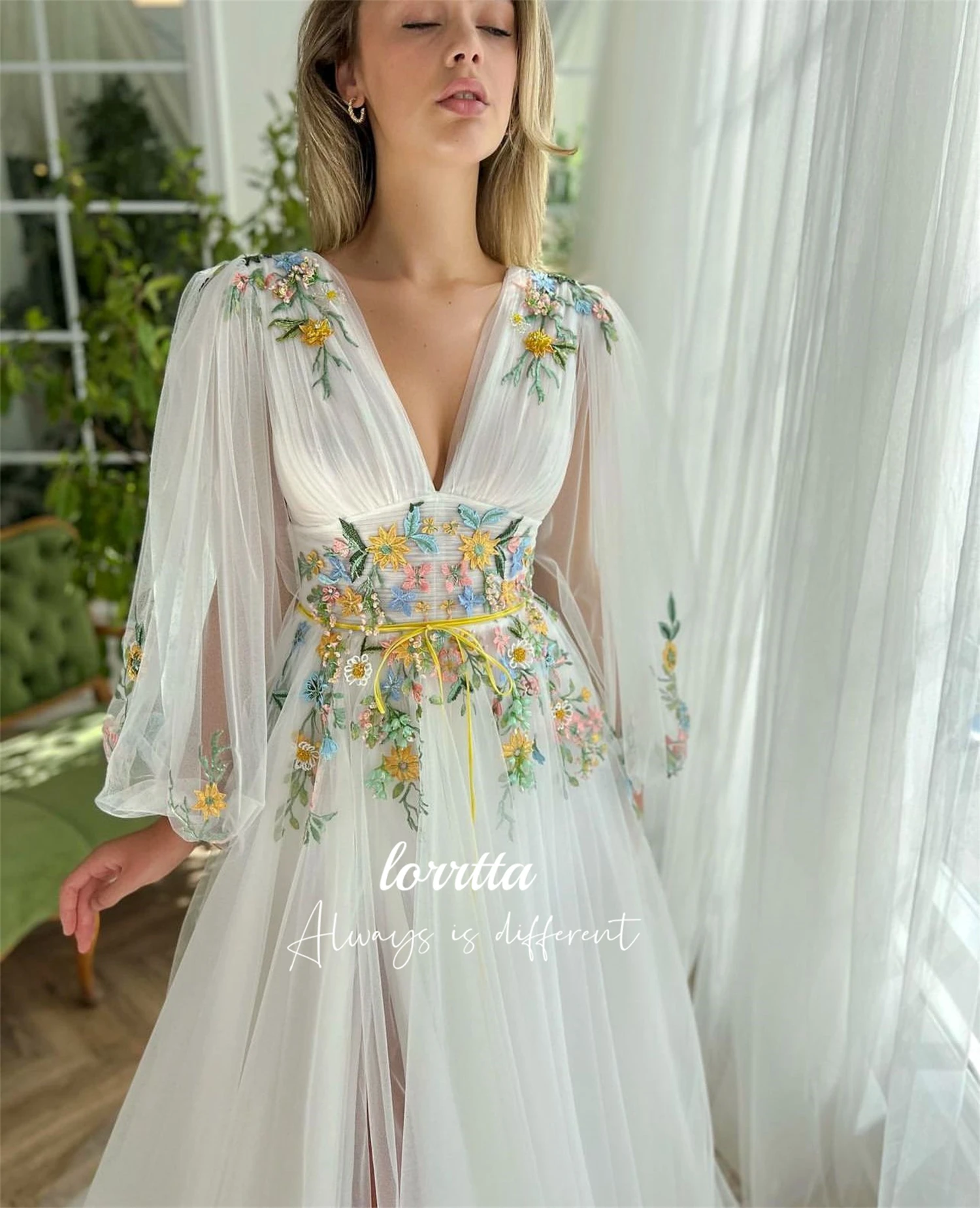 Vestido de formatura para festa de casamento, linha de tecido bordado floral, mangas compridas, vestidos personalizados para ocasiões formais