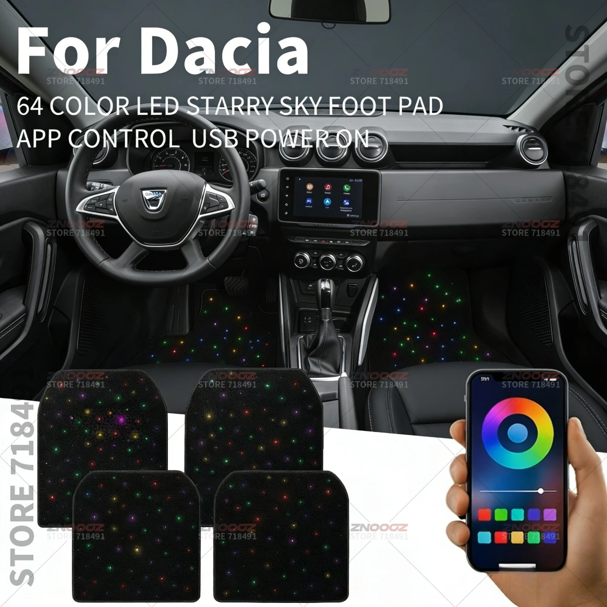 For Dacia Sandero Logan Jogger Duster Bigster Spring Dokker USB Car LED Starry Sky Foot Mat DIY Can Be Cut