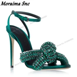 Moraima Snc Bow Knot Green Crystal Sandals for Women Ankle Buckle Solid High Heels Shoes Woman Stilettos Heels Open Toe Sandals