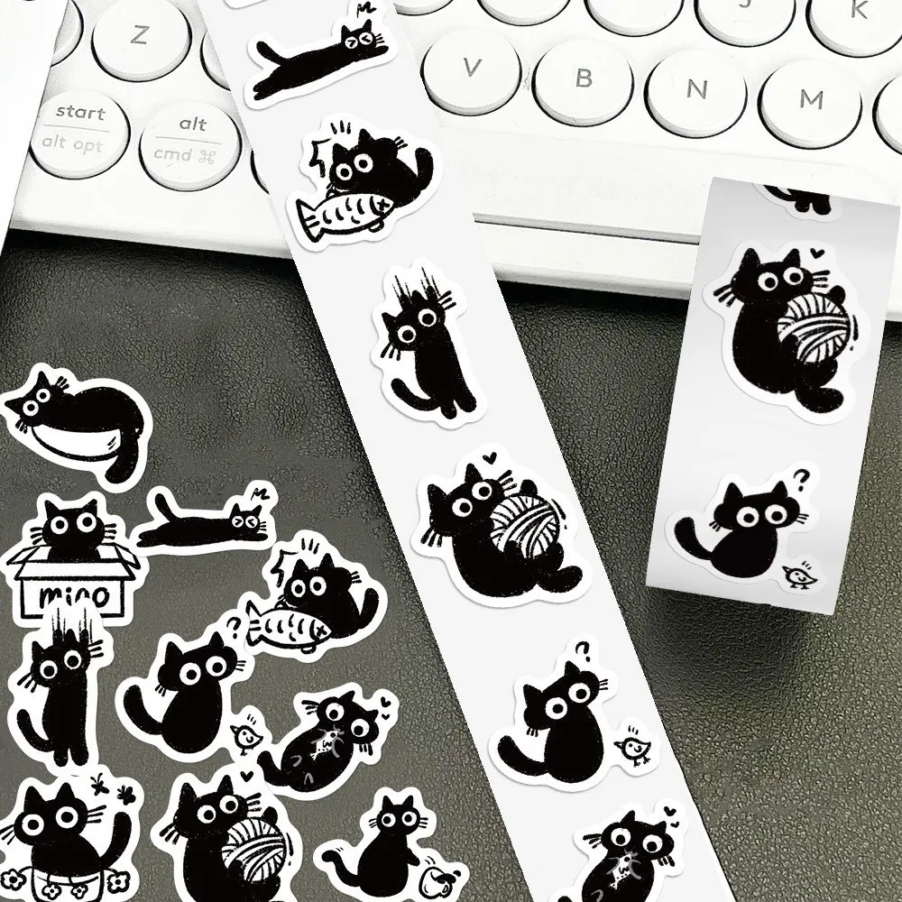 500 Stück/Rolle DIY schwarze Katze Aufkleber Cartoon Design kreative Muster Graffiti Aufkleber wasserdicht niedlichen Stil Rollenaufkleber