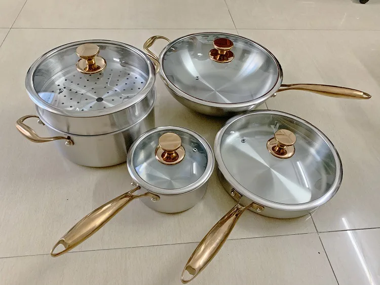 9-Piece Three-Layer Steel Cookware Set for Home Kitchen Use