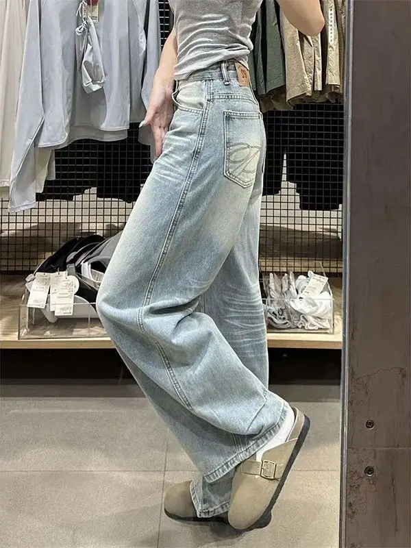 American Design Slimming High Waist Wide Leg Embroidered Pocket Denim Jeans Women's Spring Summer New Style Loose Fit Jeans