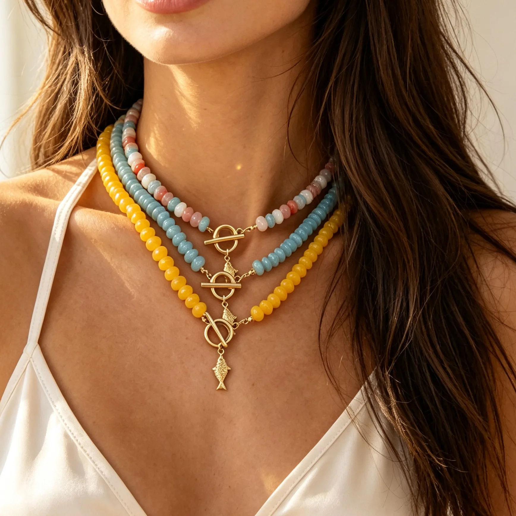 

Colorful Beaded Choker Necklace for Women Gold Fish Pendant OT Toggle Clasp Rainbow Ocean Style Summer Beach Jewelry