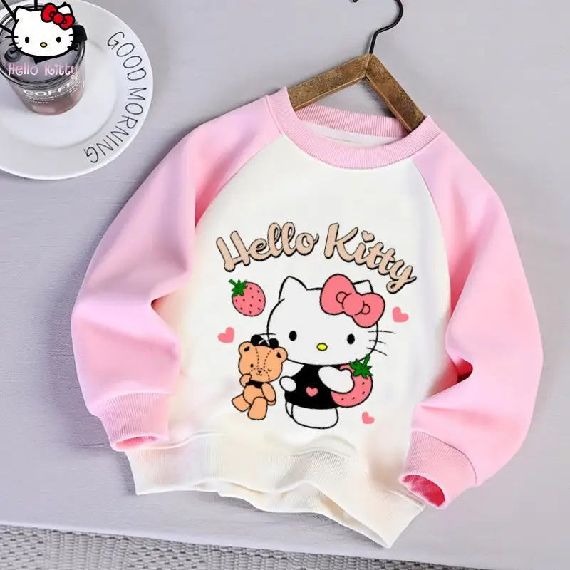 

Children's Hello Kitty Cartoon Round Neck Long Sleeved Sweatshirt Anime Kawaii Girl Sanrio T-Shirt Spring and Autumn New Tops