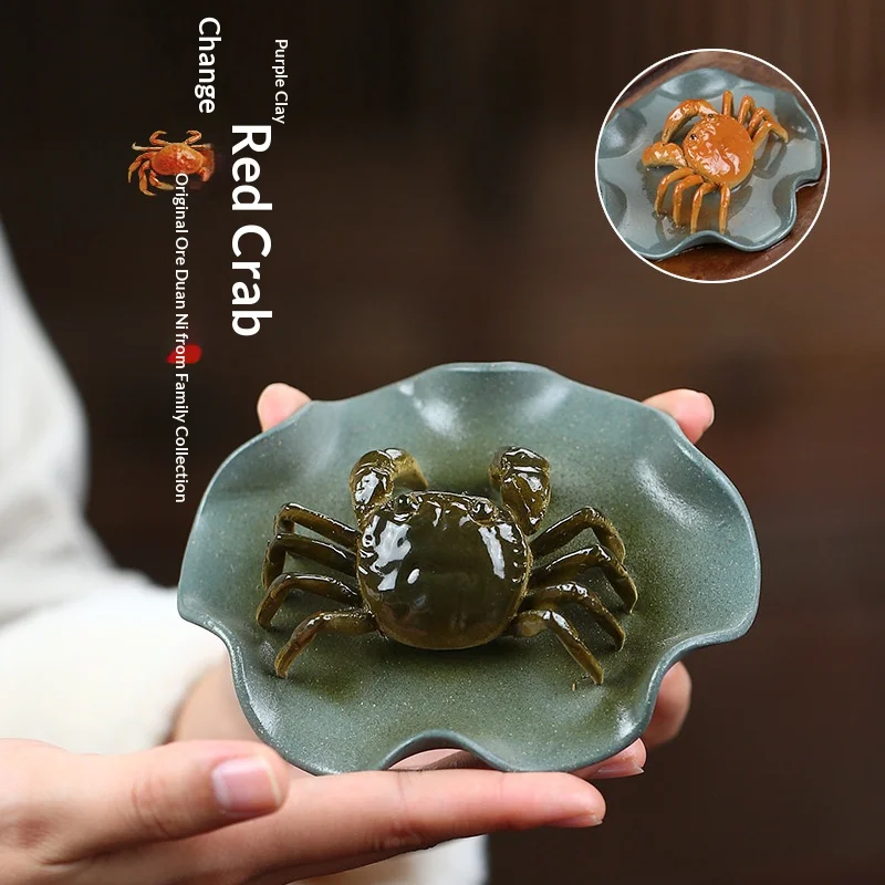 

Purple Clay Tea Pet Color-changing Crab, Eight Directions of Wealth Lotus Leaf Sculpture Tea Ornament Tea Ceremony Decoration