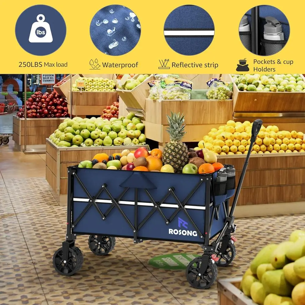 食料品、スポーツ、庭、ショッピング、キャンプ用の車輪付き頑丈な折りたたみ式ワゴン（ネイビーブルー、150L）