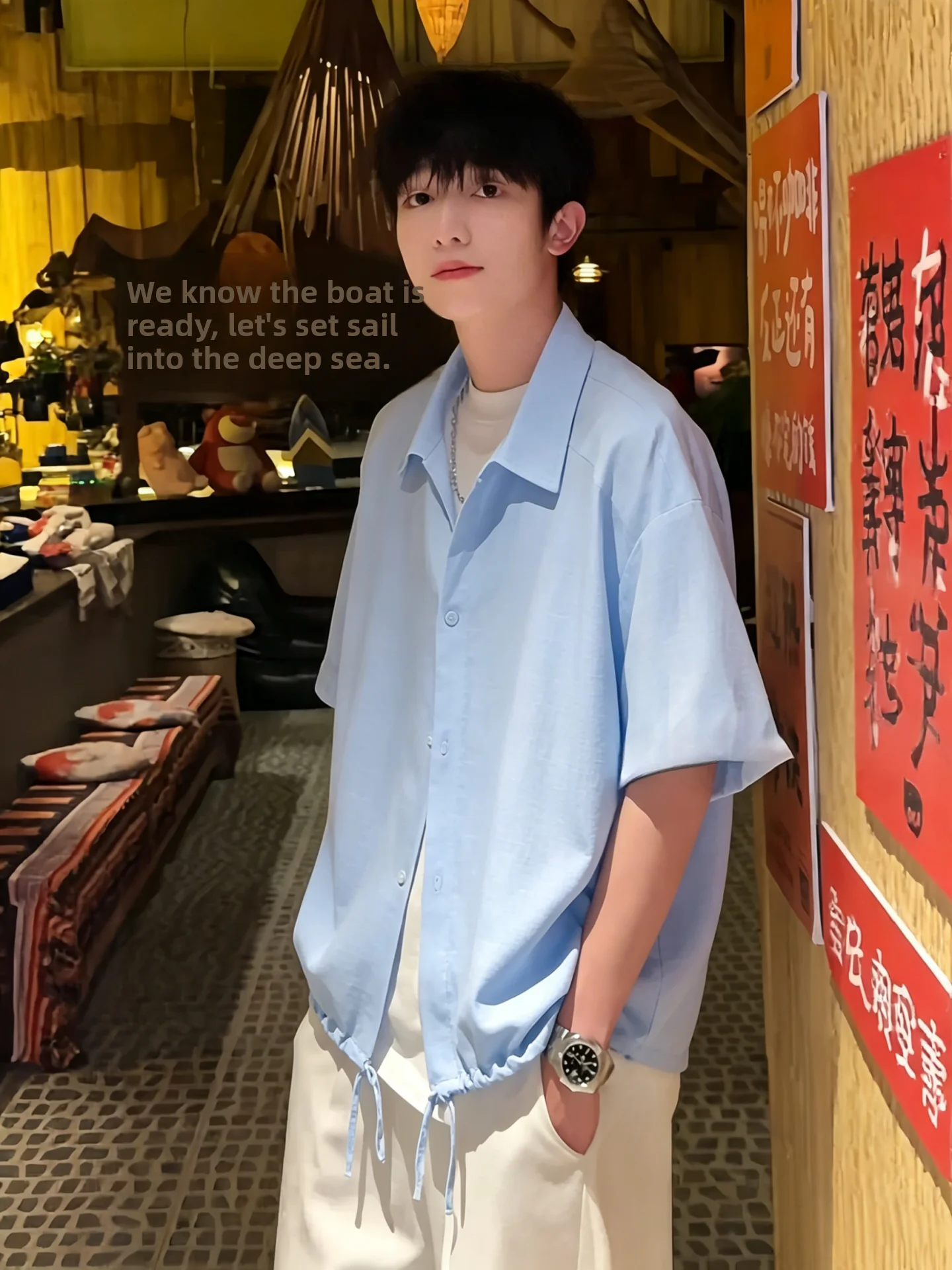 

Blue Men's Short Sleeve Ice Silk Shirt Thin Summer Casual Style Polyester Fiber Loose Fit Breathable Fashionable Korean Style