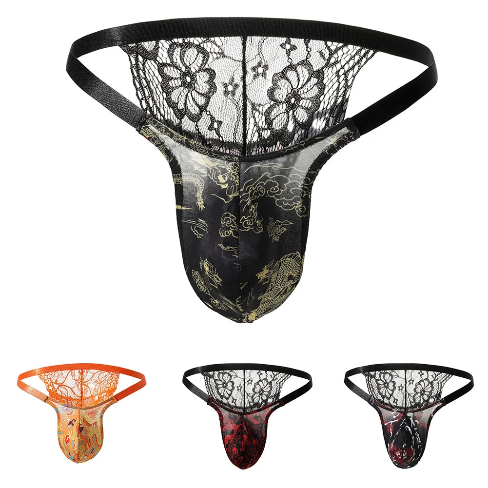 Sexy Mens Briefs Sissy U Convex Pouch Panties Ultra-Thin Underwear Thongs Low Waist Lace G-string Mesh Underpants Butt Knickers