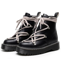 2022 women's leather motorcycle winter boots cross-tied wedges women's lace up platforms boots men black punk shoes mujer boots