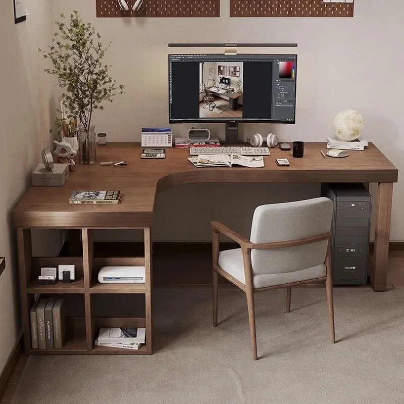 Solid Wood Corner Desk Bookshelf Combination