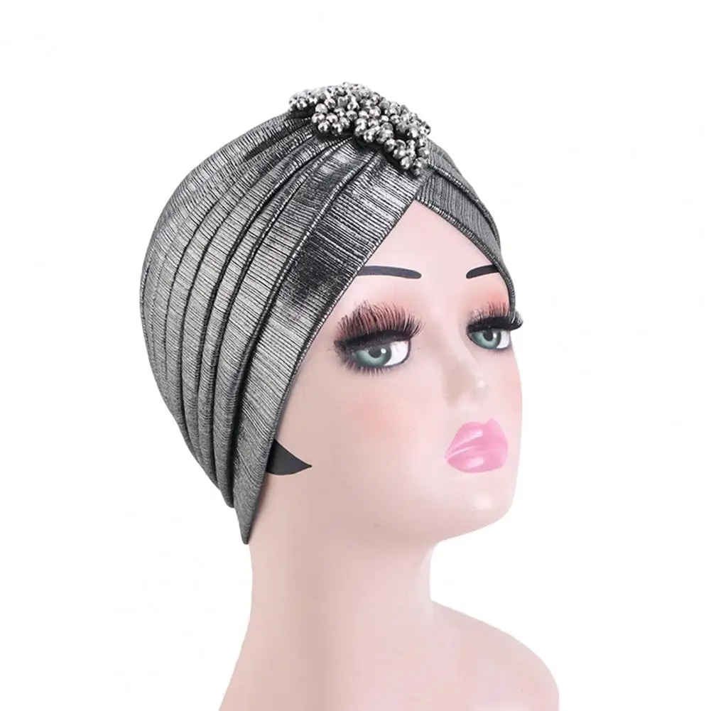Faux Pearl Embellished Headpiece Women Top Hat with Rhombus Rhinestones Pleated Turban Headwear Golden Plated for Women