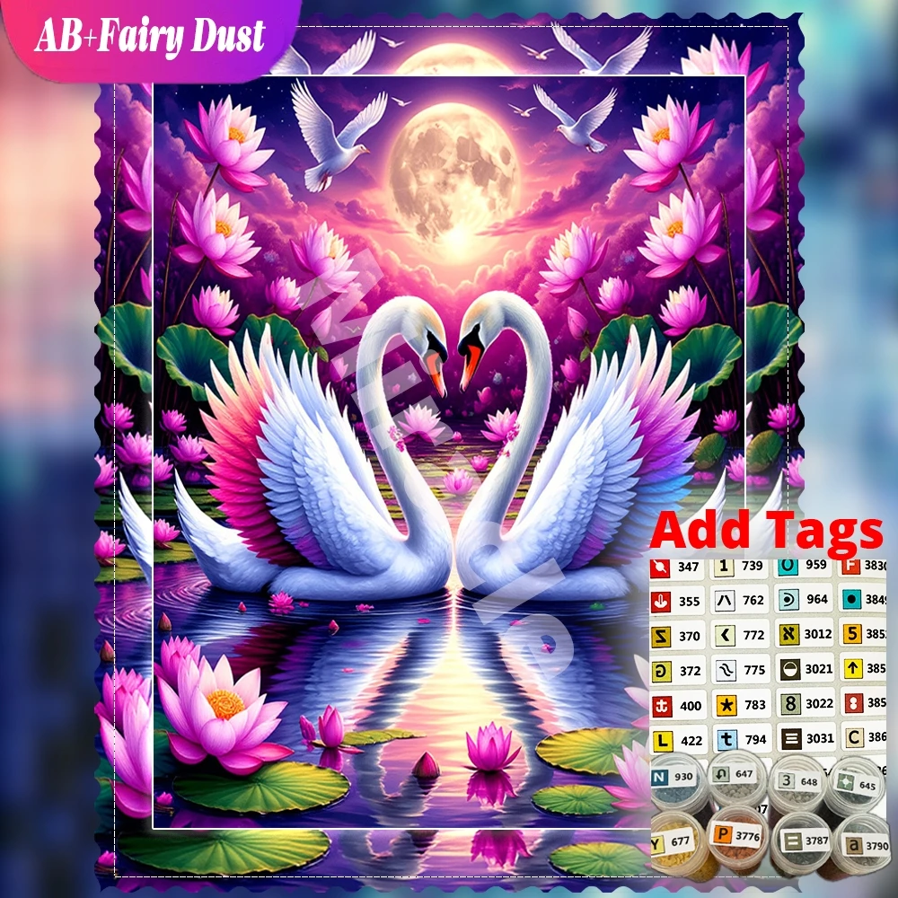 swans purple lotus Bird Romantic AB Fairy Dust Diamond Painting Kit Full Square Round Mosaic Home Decor
