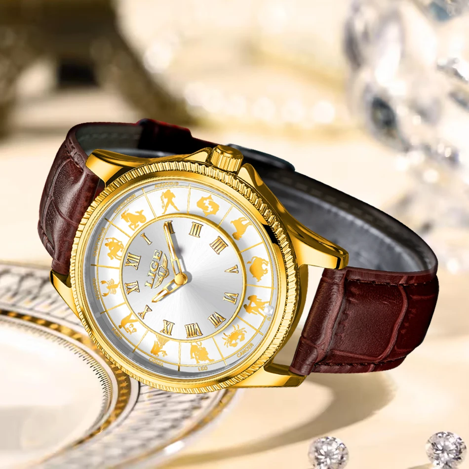 LIGE New Women's Constellation Watch Fashion Waterproof Luminous Quartz Watches for Women Simple Bracelet Ladies Wristwatch Gift