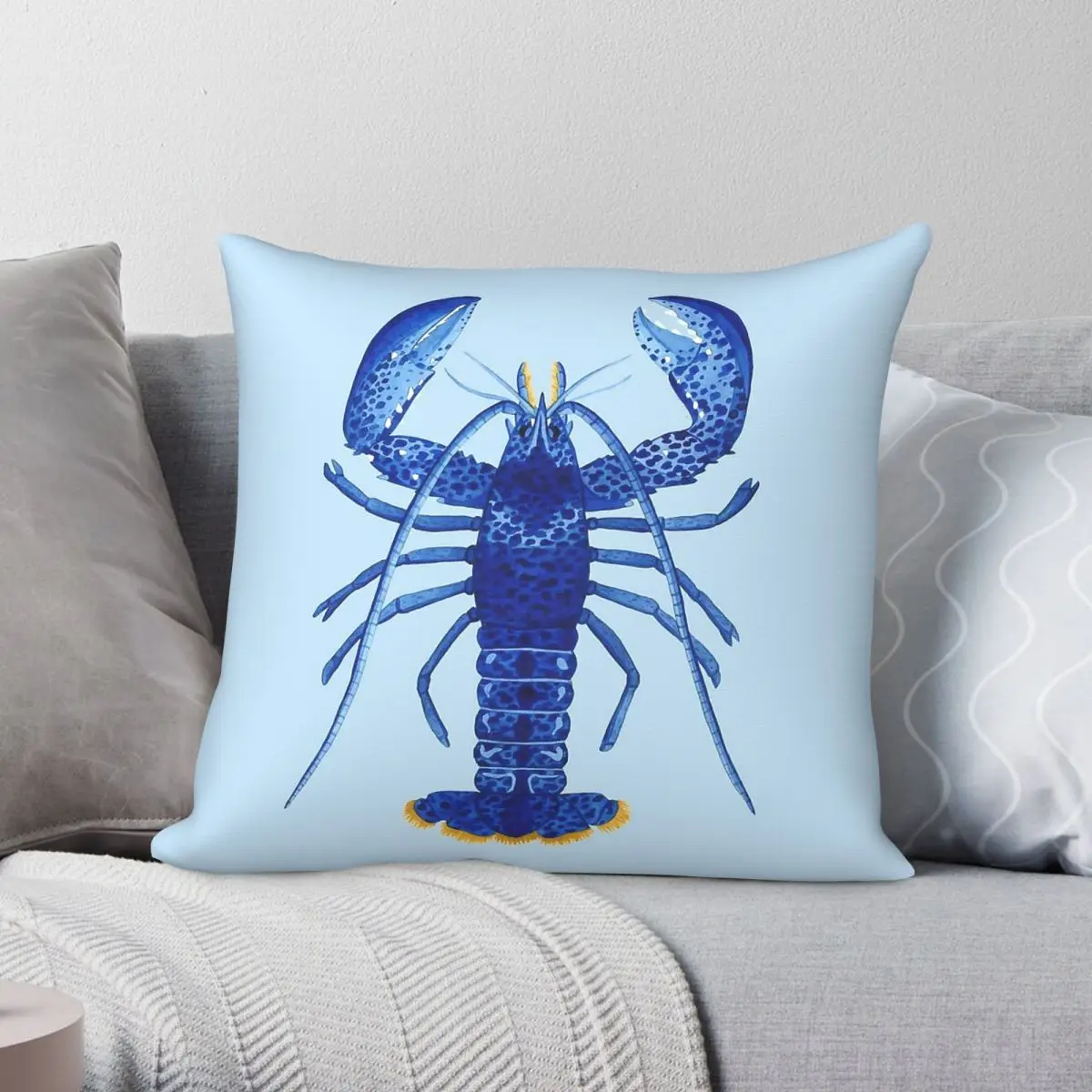 Blue Lobster Sea Creature Square Pillowcase Polyester Linen Velvet Pattern Zip Decorative Room Cushion Cover Wholesale