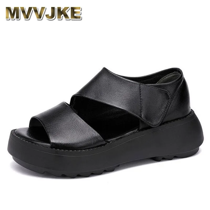 

2025 Genuine Leather Retro Women Shoes Peep Toe Summer Sandals New Hook & Loop Handmade Concise Leisure Platform Sandals