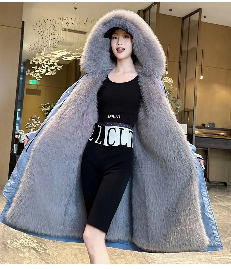 เสื้อโค้ทพาร์กาผู้หญิง ฤดูหนาว 2025 ซับในขนเฟอร์เทียมแบบถอดได้ แจ็คเก็ตยาวอุ่น