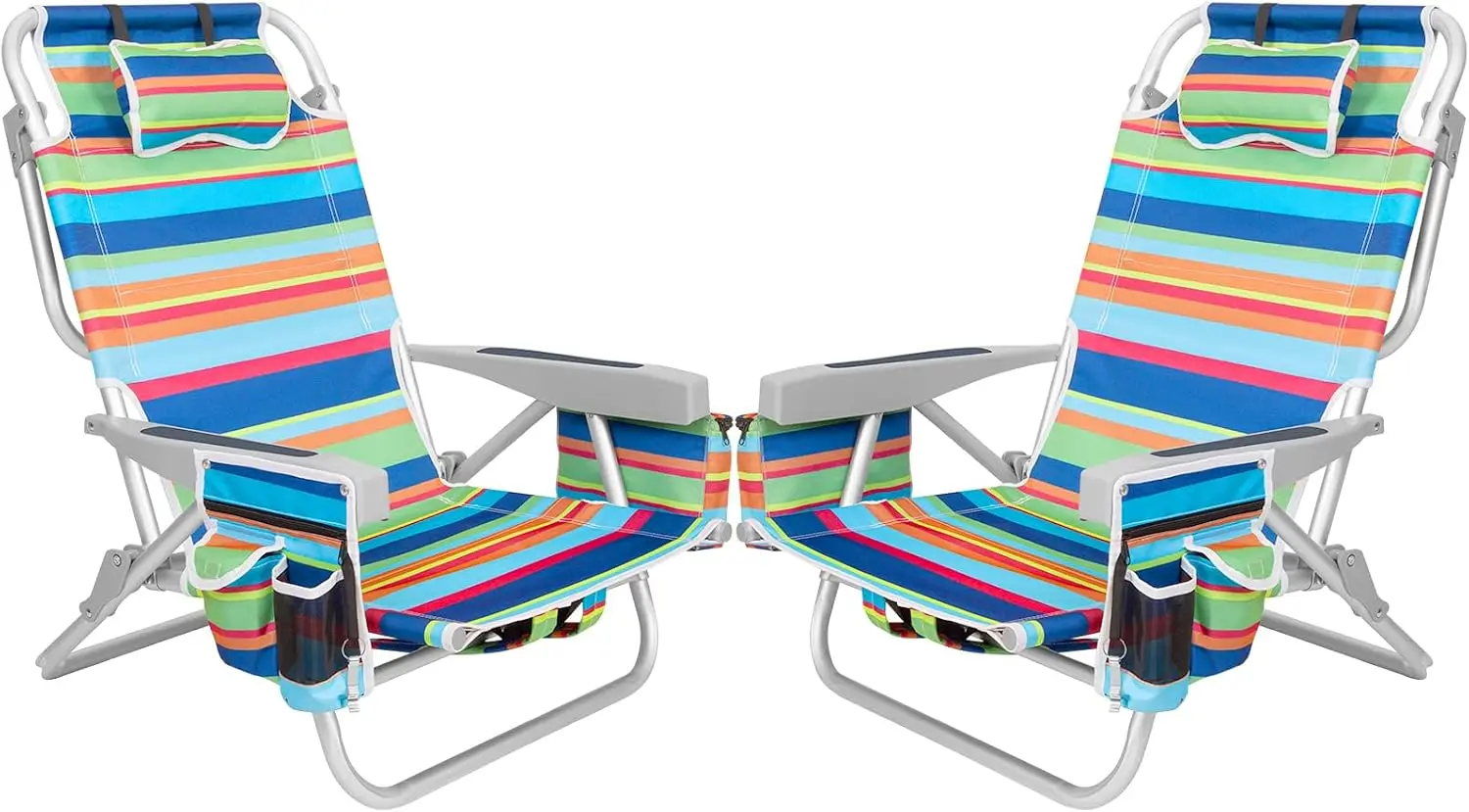 2Pk Aluminum Extra Wide 5-Position Lay Flat Folding Backpack Beach Chairs for Adults, with Cooler Bag, Cup&Phone Holder, Towel Bar for Outdoor Lawn Picnic Sport, Portable Camping Chairs, Multi Stripes