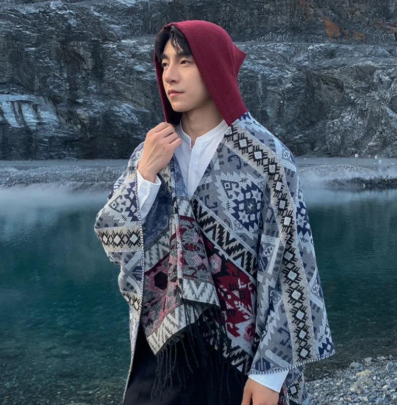 Autumn and Winter Men's Cape Shawl Ethnic Style Travel Outfit Warm Retro Cloak Travel Multifunctional Outerwear  Poncho P2
