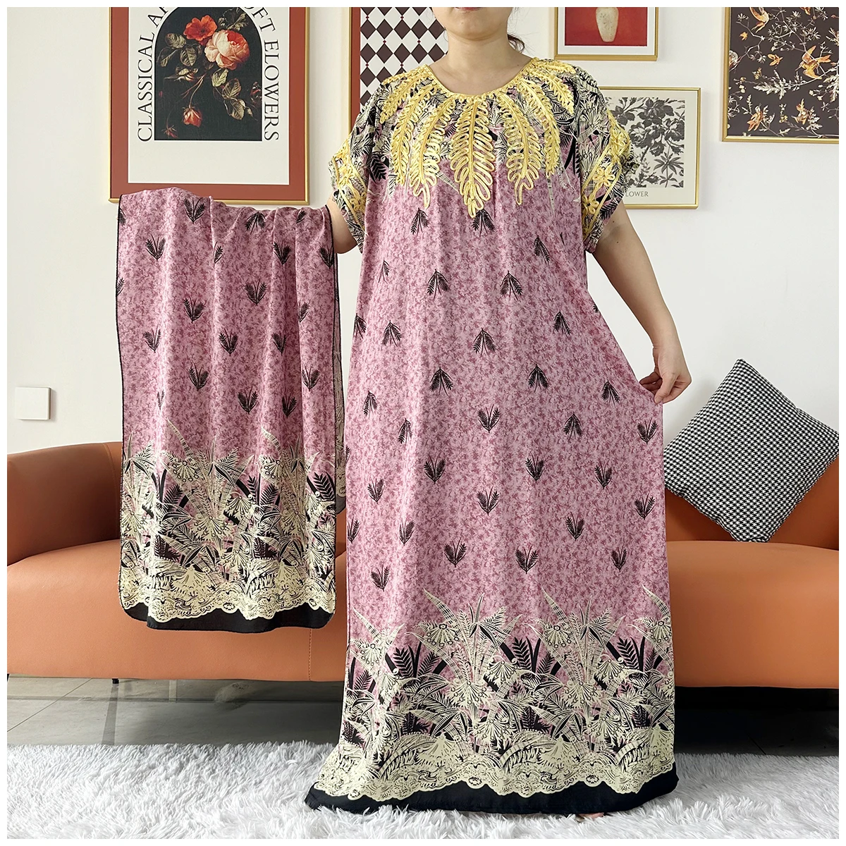 2 Pieces African Dashiki Floral Printing Loose Cotton Caftan Lady Summer Maxi Casual Dresses With Scarf  Vestidos Short Sleeve