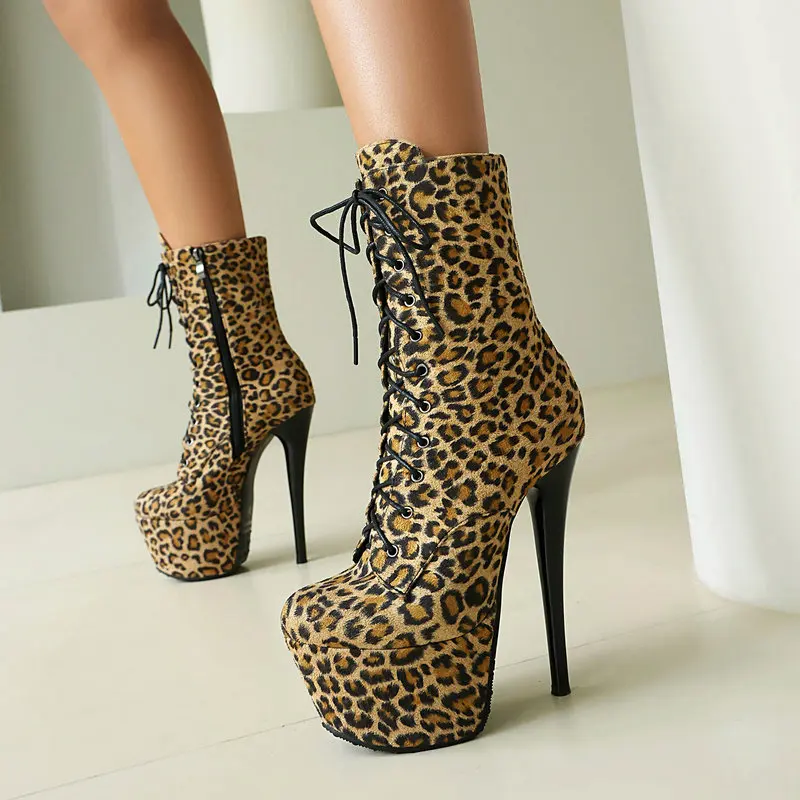 Leopard Print Pole Dance Heels Ankle Boots Women Platform Stiletto Lace Up Stripper Heels Sexy Nightclub Dancer Short Boots