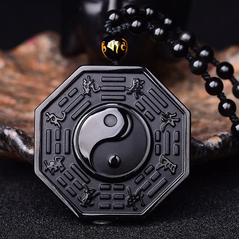 Retro Black Stone Yin Yang Necklace Pendant Chinese Style Tai Chi Gossip Amulet Men's and Women's Jewelry