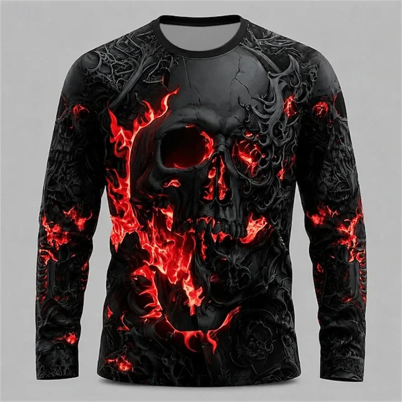 Men's Black Orange 3D Flame Skull Print Long Sleeve T-Shirt Gothic Halloween Streetwear Quick Dry Breathable Casual Party Tops