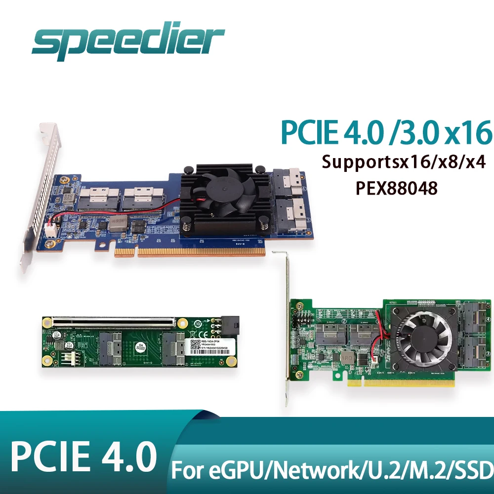 PCIe 4.0 X16 4-port NVMe Adapter Expansion Card PEX88048 SFF-8654 Cable Riser for Graphics Card EGPU Network SSD U.2 M.2 X8 X4