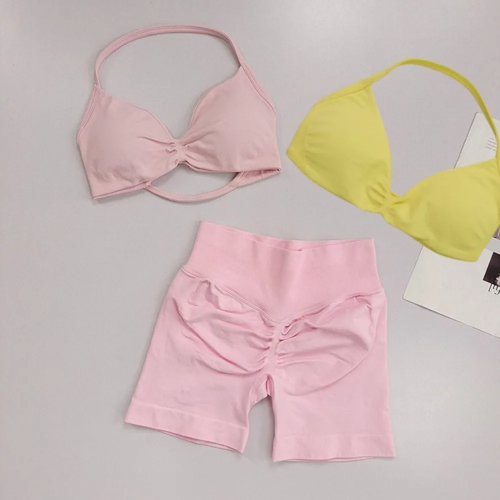 

New More Summer Dopamine Solid Color Pilates High Elastic Impact Women's Breathable Vest Seamless Hip Lift Tight Shorts Yoga Set