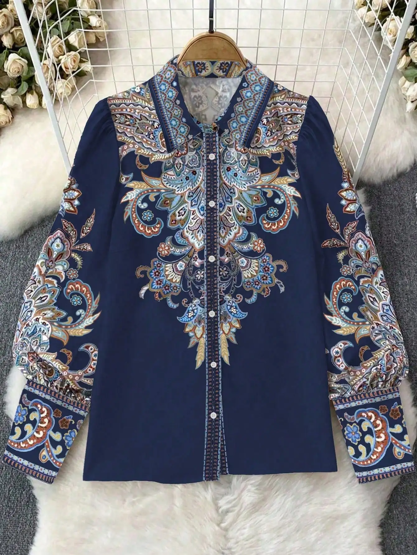 

Женская блузка с отложным воротником и длинными рукавами в богемном стиле с принтом пейсли