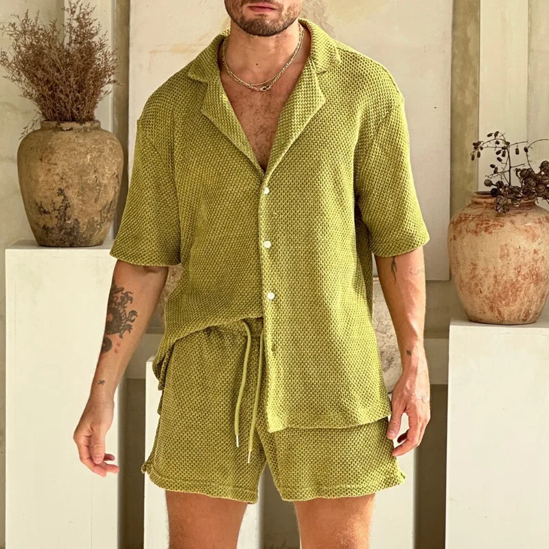 Summer Solid Breathable Knitted Set Men Casual Button Lapel Shirt Top and Drawstring Shorts Suit Spring Loose Men\'s Home Outfits