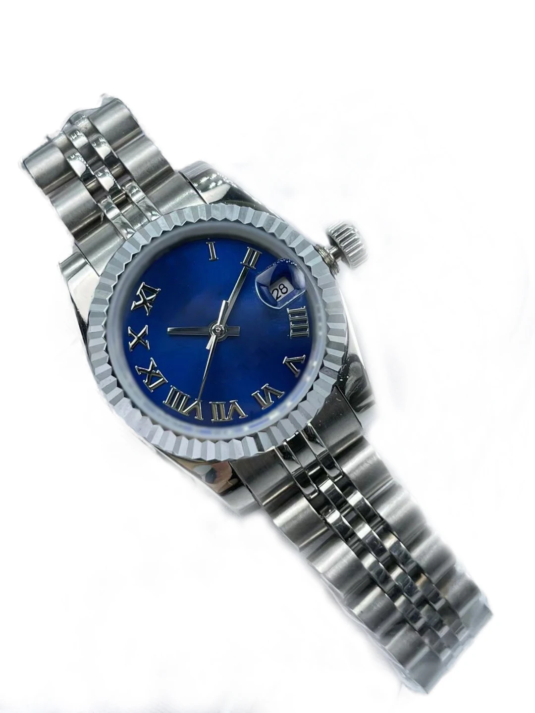 Elegancki zegarek damski 26mm wysadzany diamentami z mechanicznym ruchem, oknem kalendarza i bransoletką z stal ocynkowana w kolorze różowego złota
