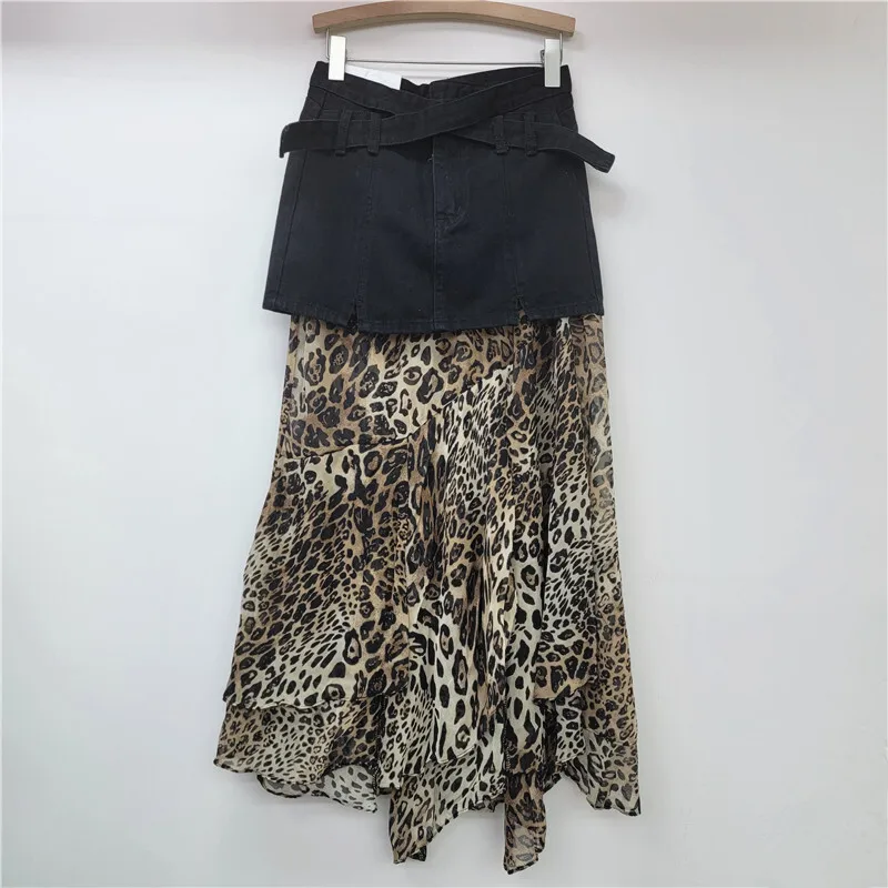 WTHT Trendy Women's Patchwork Leopard Mesh Denim Skirts 2024 Winter Fashion Cross Belt Design Long Skirt Female 1LS478