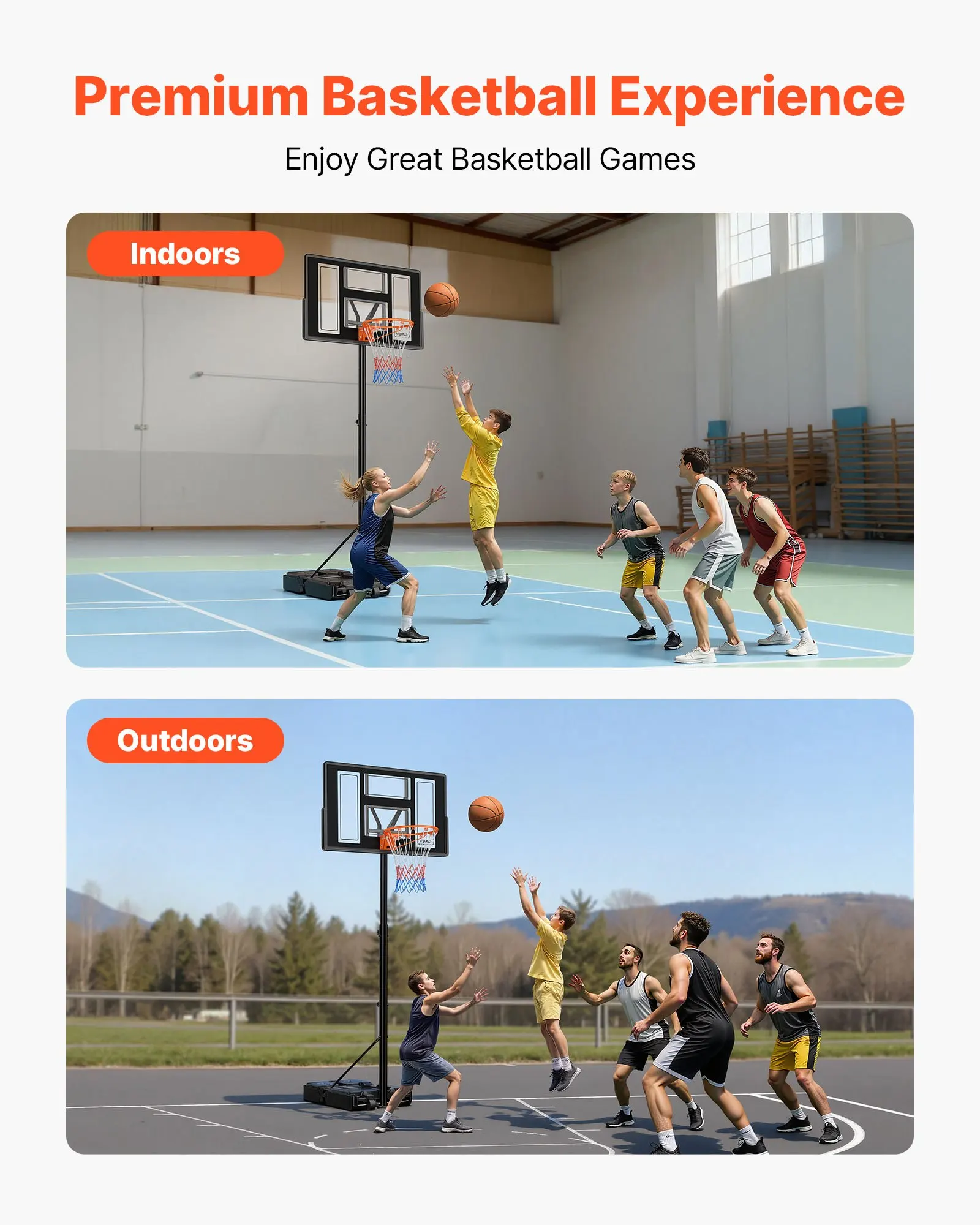 Support de basket-ball portable, panier de basket-ball réglable en hauteur de 1,35 à 3,05 m, système de panier réglable avec roues intégrées pour enfants, adolescents et adultes dans les allées et les piscines