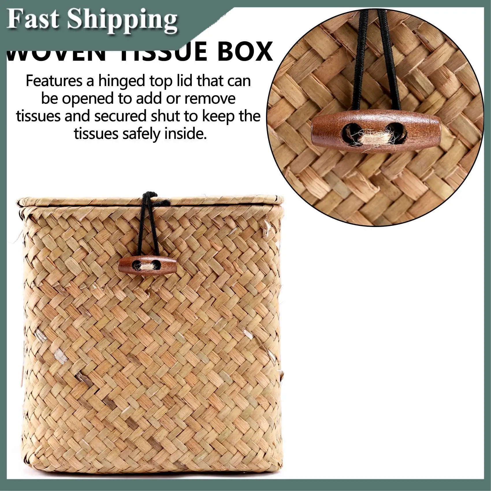 -MEOF 2 Pack Square Seagrass Facial Tissue Box - Decorative Woven Paper Holder Napkin Dispenser - Straw Tissue Box Cover