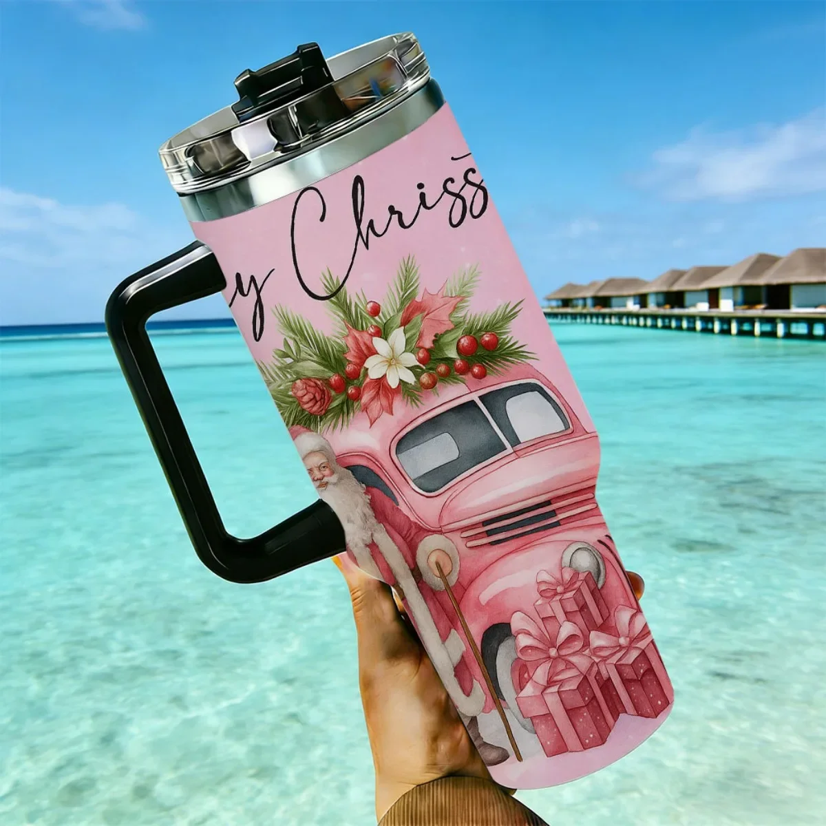 Pink Christmas Santa Vintage Truck Reindeer Print 40oz Insulated Tumbler Stainless Steel Travel Cup With Color Handle Straw Lid