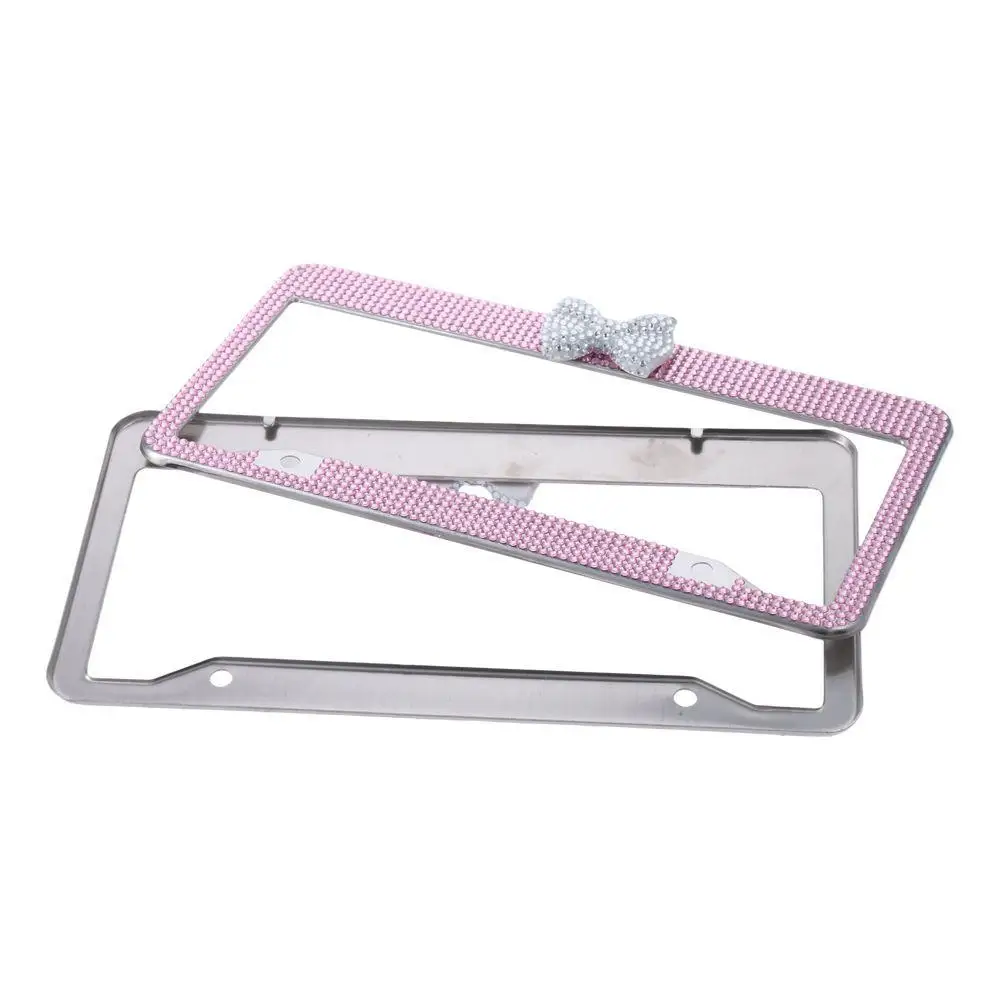 2 Pack Rhinestone Bling License Plate Frame Pink,White Stainless Steel,acrylic with Bow Design Car Plate Covers