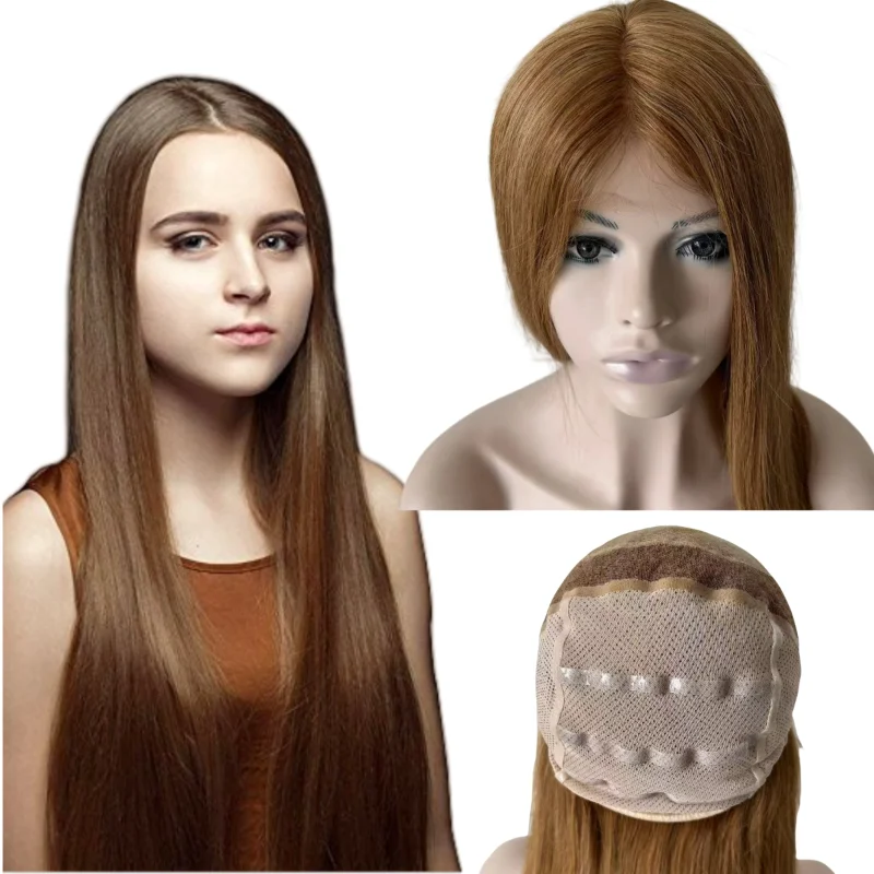 

12-22 inches Indian Virgin Human Hair Light Brown #8 Silky Straight 180% Density 5x5 Silk Top Full Lace Medical Wig for Women.
