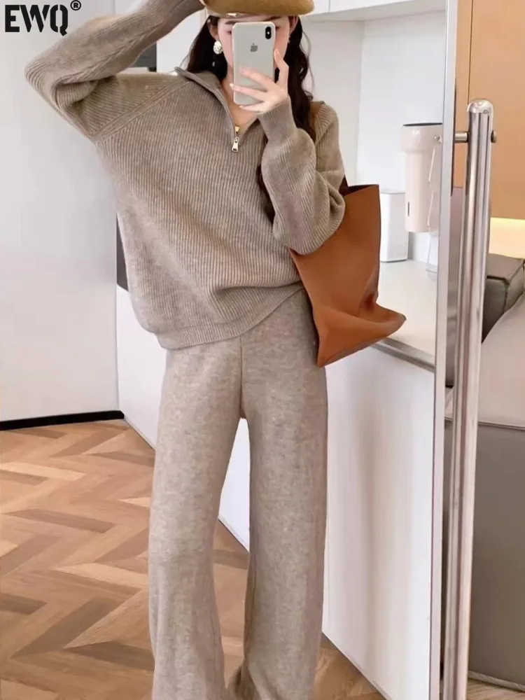 

[EWQ] Korean Casual Style Stand Collar Sweater And Wide Leg Pants 2 Piece Set Solid Women's Clothing 2024 Autumn New GZ549