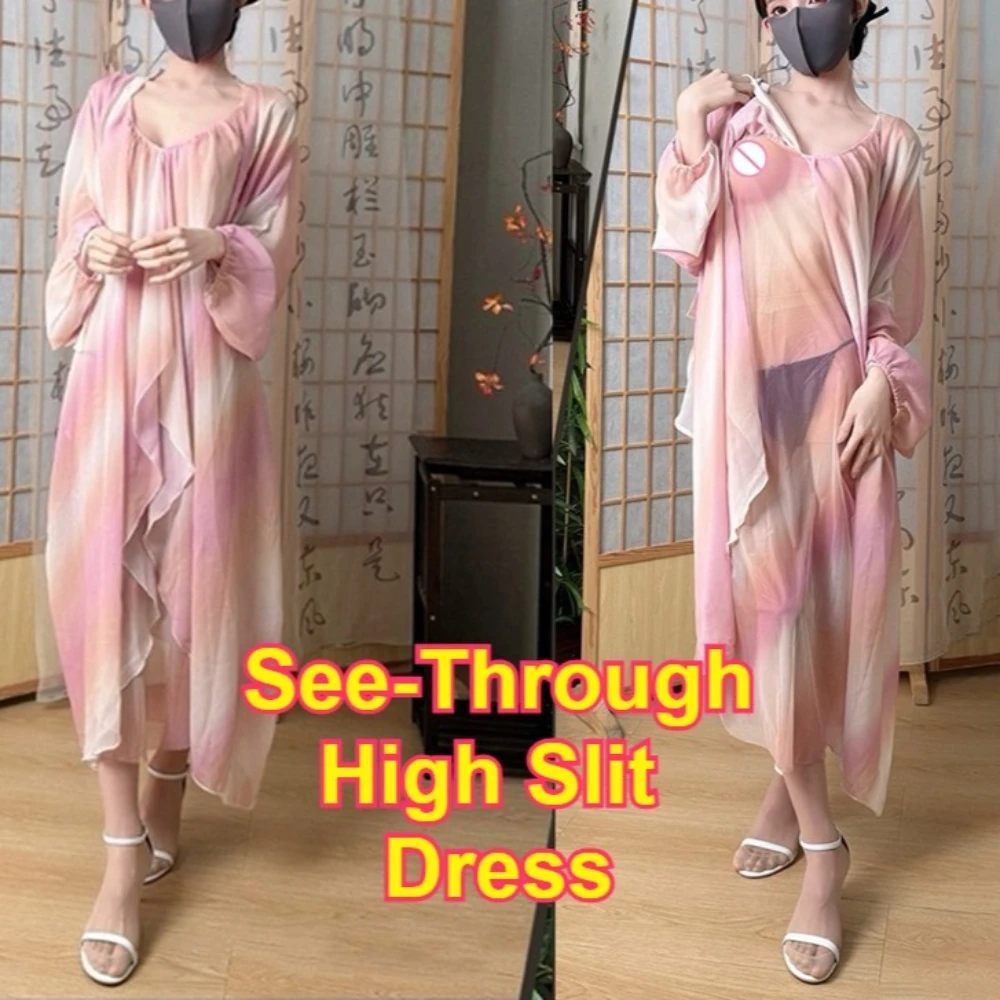 Woman See-Through High Slit Cami Dress Set Couple Date Chest Expose Super Thin Slip Dress Panties Lingerie Outfit Hollow exposed